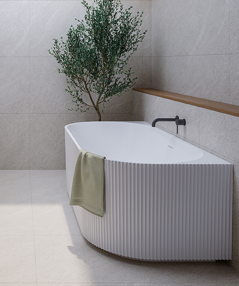 Cleo 115 Fluted Back-to-wall freestanding bath - White Matte - with integrated slot overflow